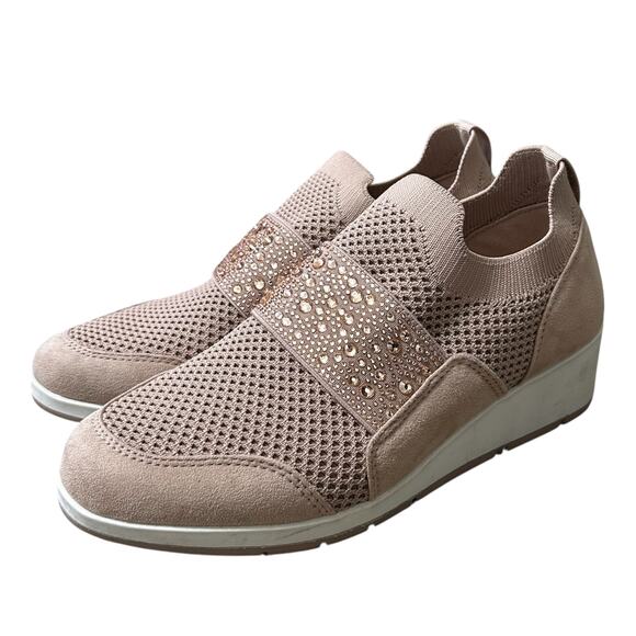 Anne Klein Daphne Rhinestone Wedge Sneaker Women's Sz 9M Blush Pink Y2K Glam - Picture 1 of 9